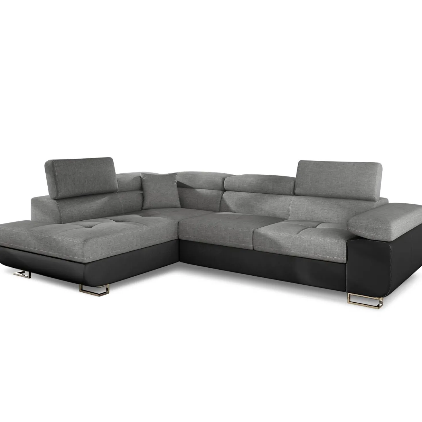 Canapé d'angle convertible Antoni avec têtières relevables Simili Noir et Tissu Gris foncé