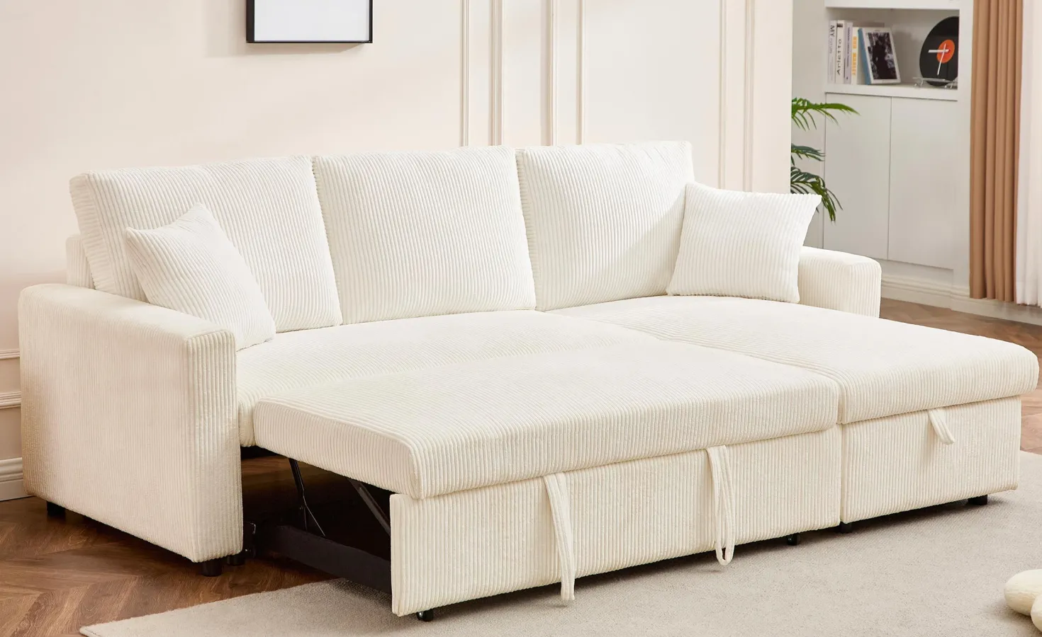 Canapé d’angle convertible avec coffre de rangement réversible Toledo Velours côtelé Beige