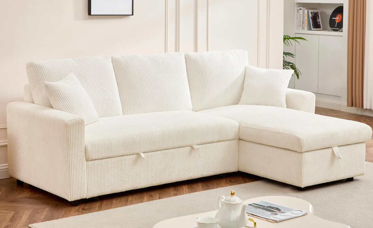 Canapé d’angle convertible avec coffre de rangement réversible Toledo Velours côtelé Beige