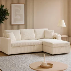 Canapé d’angle convertible avec coffre de rangement réversible Toledo Velours côtelé Beige
