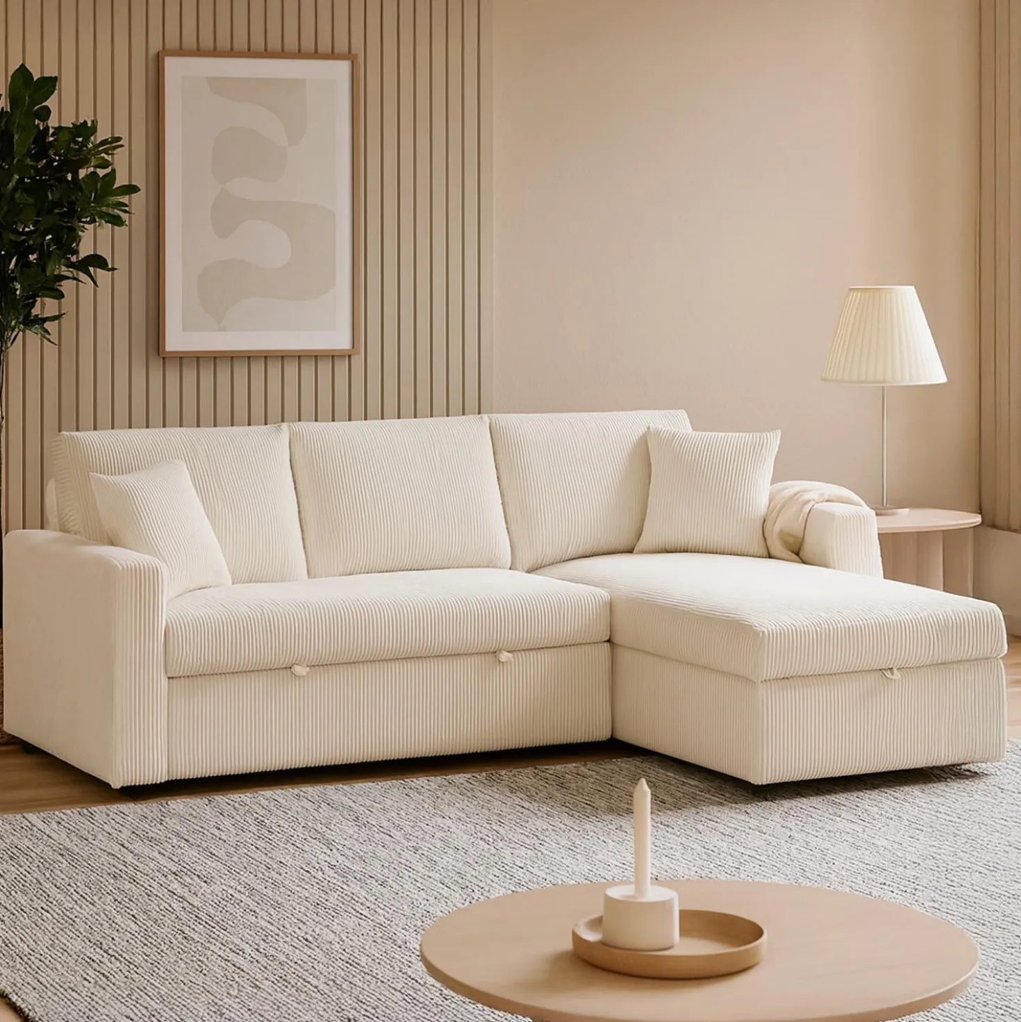 Canapé d’angle convertible avec coffre de rangement réversible Toledo Velours côtelé Beige