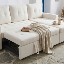 Canapé d'angle convertible Toledo Tissu Bouclette Crème