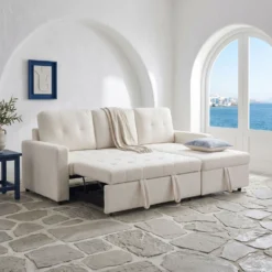 Canapé d'angle convertible Toledo Tissu Bouclette Crème
