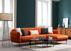 Canapé d'angle à droite convertible avec 3 coussins Vesna Velours Orange