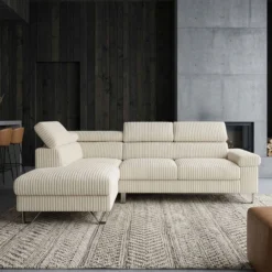 Canapé d'angle à gauche avec têtières relevables Quentin Velours côtelé Beige