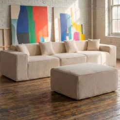 Canapé modulable en angle avec pouf Archiduc Tissu bouclette beige