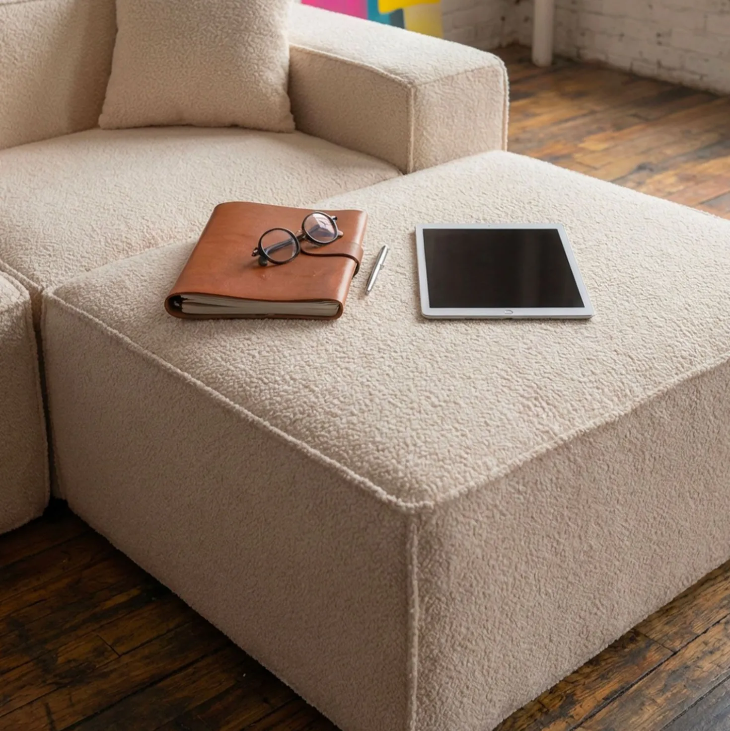 Canapé modulable en angle avec pouf Archiduc Tissu bouclette beige