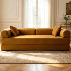 Canapé 3 places convertible et modulable Bergerac Tissu doux texturé Ocre doré