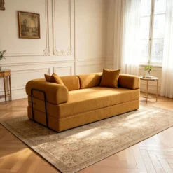 Canapé 3 places convertible et modulable Bergerac Tissu doux texturé Ocre doré