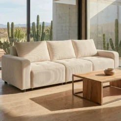 Canapé 3 places convertible et modulable Castelo Velours côtelé Crème
