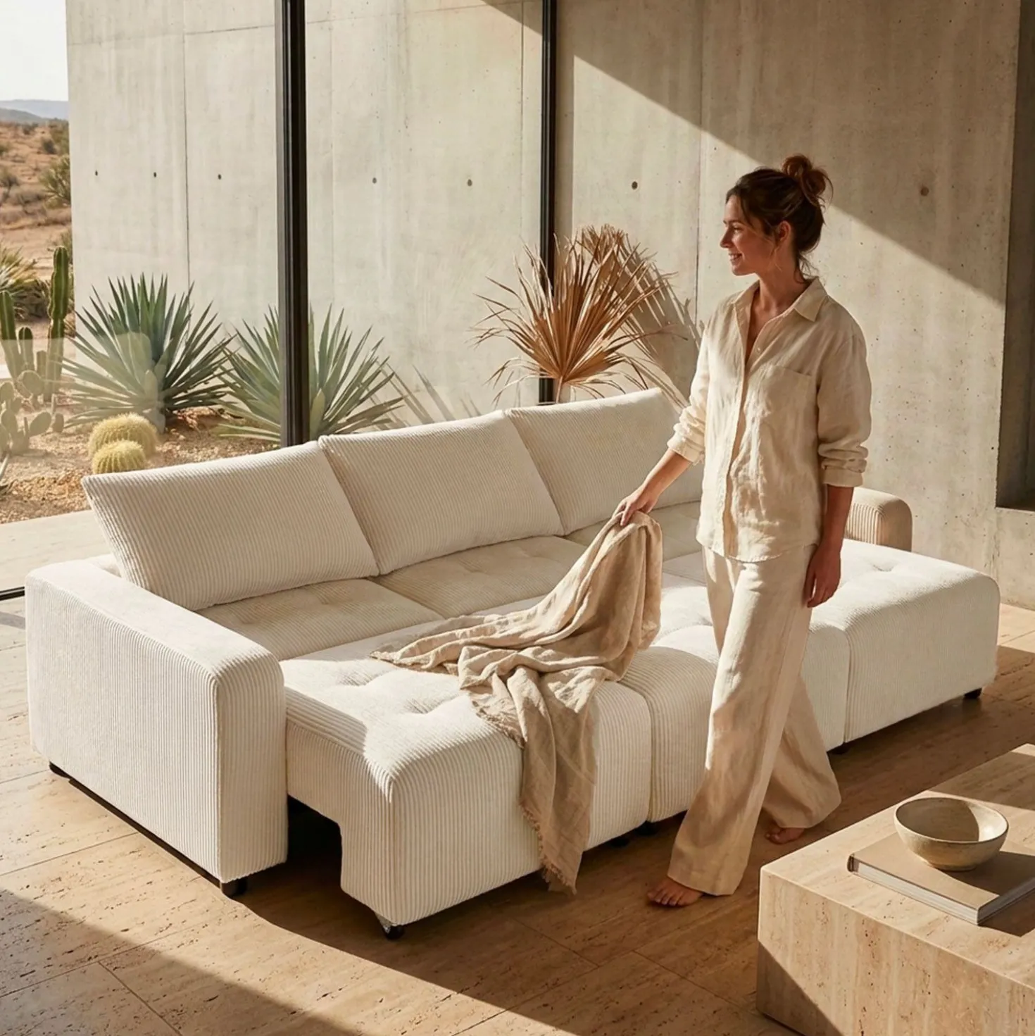 Canapé 3 places convertible et modulable Castelo Velours côtelé Crème