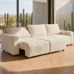 Canapé 3 places convertible et modulable Castelo Velours côtelé Crème