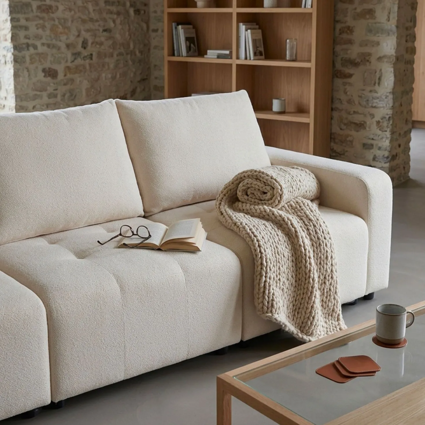 Canapé 3 places convertible et modulable Castelo Tissu texturé Crème