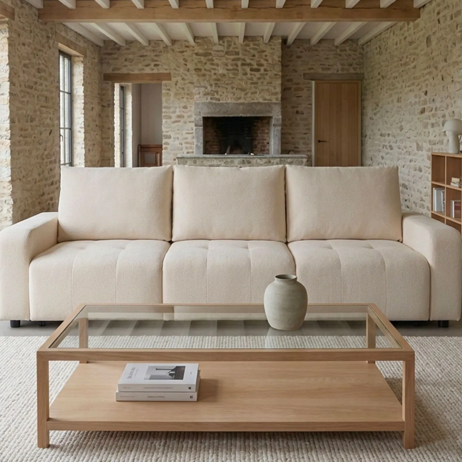 Canapé 3 places convertible et modulable Castelo Tissu texturé Crème