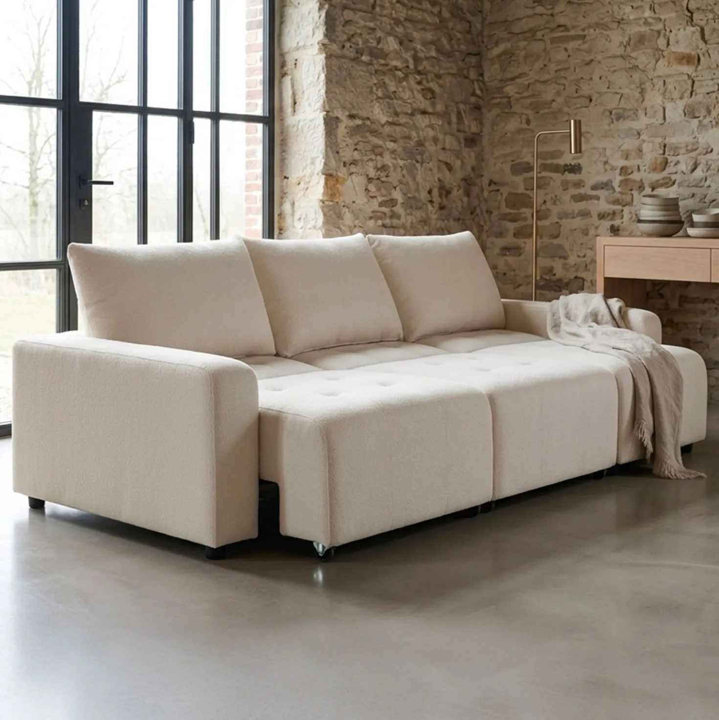 Canapé 3 places convertible et modulable Castelo Tissu texturé Crème