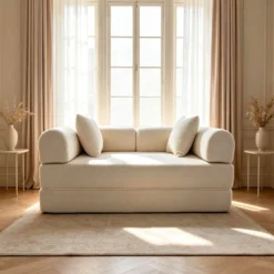 Canapé 2 places convertible et modulable Bergerac Tissu bouclette Crème