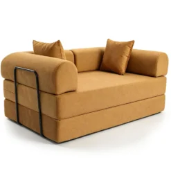 Canapé 2 places convertible et modulable Bergerac Tissu doux texturé Ocre doré