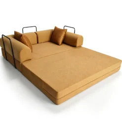 Canapé 2 places convertible et modulable Bergerac Tissu doux texturé Ocre doré