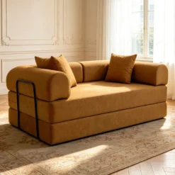 Canapé 2 places convertible et modulable Bergerac Tissu doux texturé Ocre doré