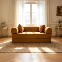 Canapé 2 places convertible et modulable Bergerac Tissu doux texturé Ocre doré