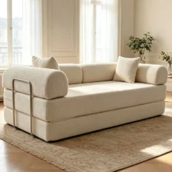 Canapé 3 places convertible et modulable Bergerac Tissu bouclette Crème