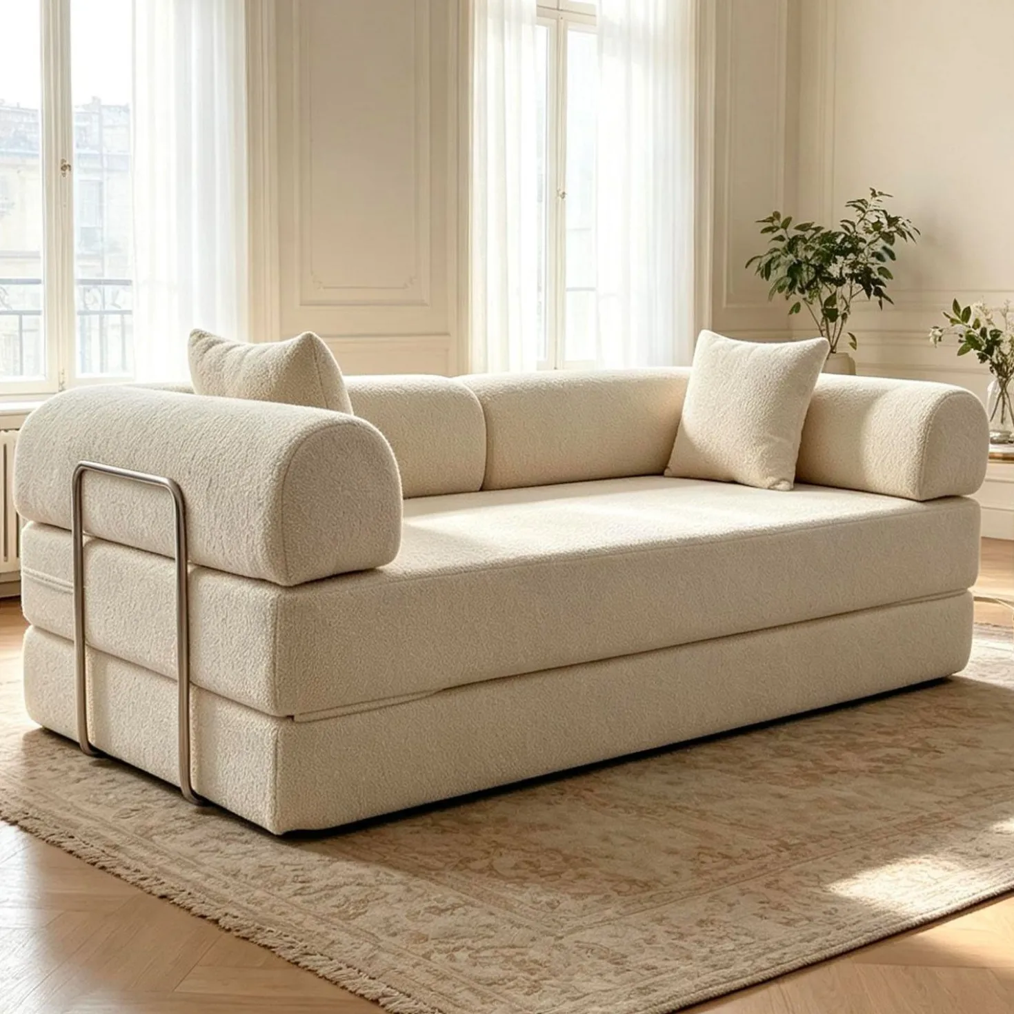 Canapé 3 places convertible et modulable Bergerac Tissu bouclette Crème