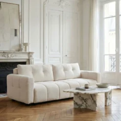 Canapé 3 places convertible Stylian Tissu bouclette Crème