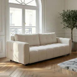 Canapé 3 places convertible Stylian Tissu bouclette Crème