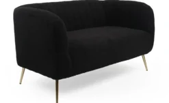 Canapé 2 places moderne Bombaro pieds métal doré et Tissu bouclette Noir