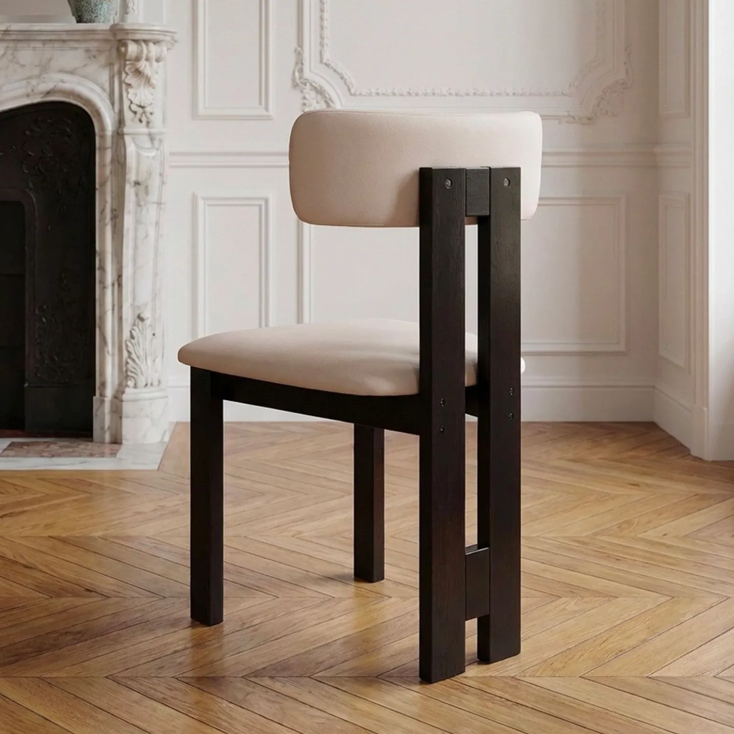 Chaise de salle à manger design Ceriz Bois foncé et Velours Beige