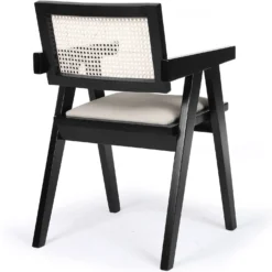 Chaise design avec accoudoirs et cannage rotin Hiro Bois foncé et Tissu Beige