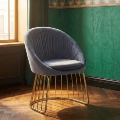 Chaise design avec dossier arrondi effet drapé Pralion Pied Or et Velours Gris