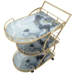 Chariot de service métal doré et verre marbré