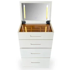 Coiffeuse compacte 48cm avec miroir LED, tiroir et pouf intégré Germina Blanc