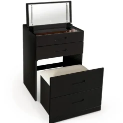 Coiffeuse compacte 60cm avec miroir LED, tiroir et pouf intégré Germina XL Noir