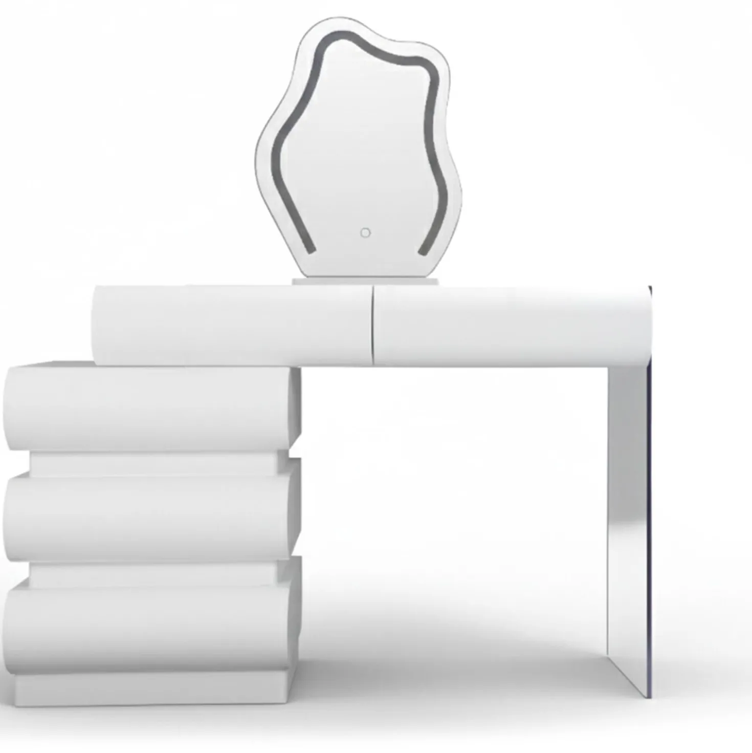 Coiffeuse extensible 101-140cm avec 5 tiroirs arrondis et miroir design Mezade Blanc