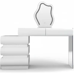Coiffeuse extensible 101-140cm avec 5 tiroirs arrondis et miroir design Mezade Blanc