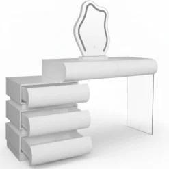 Coiffeuse extensible 101-140cm avec 5 tiroirs arrondis et miroir design Mezade Blanc