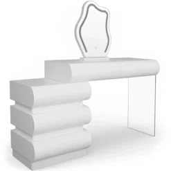 Coiffeuse extensible 101-140cm avec 5 tiroirs arrondis et miroir design Mezade Blanc