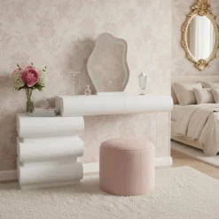 Coiffeuse extensible 101-140cm avec 5 tiroirs arrondis et miroir design Mezade Blanc