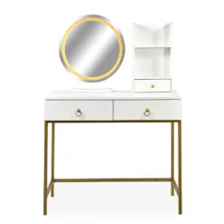 Coiffeuse moderne avec miroir rond lumineux Oracle L90cm Blanc et Or