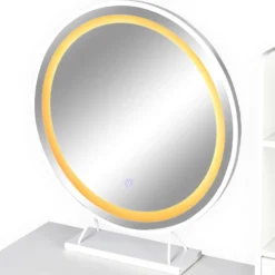 Coiffeuse moderne avec miroir rond lumineux Oracle L90cm Blanc et Or