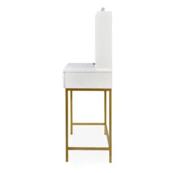 Coiffeuse moderne avec miroir rond lumineux Oracle L90cm Blanc et Or