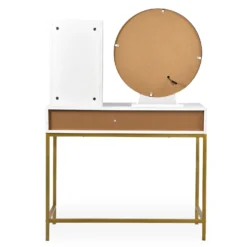 Coiffeuse moderne avec miroir rond lumineux Oracle L90cm Blanc et Or