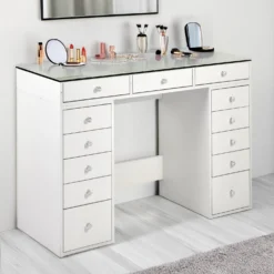Coiffeuse moderne avec 13 tiroirs et plateau en verre transparent L120cm Probeauty Blanc