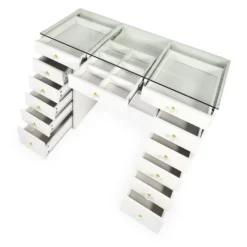 Coiffeuse moderne avec 13 tiroirs et plateau en verre transparent L120cm Probeauty Blanc