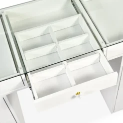 Coiffeuse moderne avec 13 tiroirs et plateau en verre transparent L120cm Probeauty Blanc