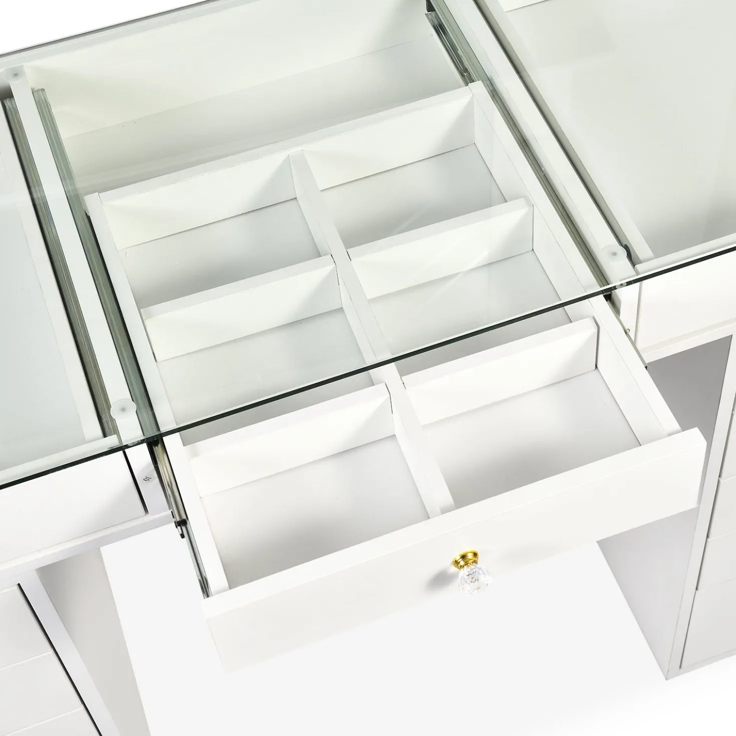 Coiffeuse moderne avec 13 tiroirs et plateau en verre transparent L120cm Probeauty Blanc