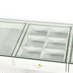 Coiffeuse moderne avec 13 tiroirs et plateau en verre transparent L120cm Probeauty Blanc