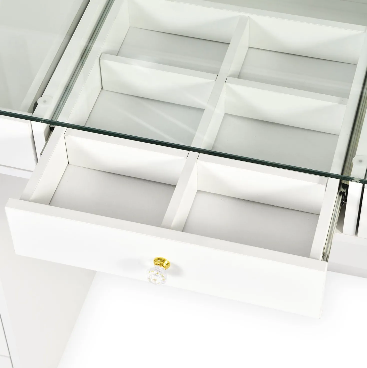 Coiffeuse moderne avec 13 tiroirs et plateau en verre transparent L120cm Probeauty Blanc